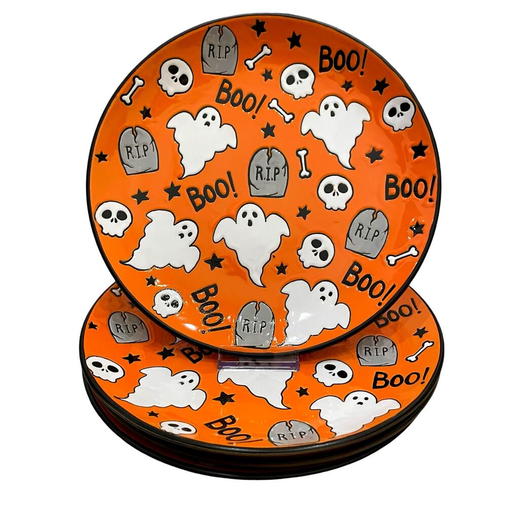 Eli + Ana MELTON GHOST Dinner Plate Set of 4 Ceramic Halloween BOO RIP New